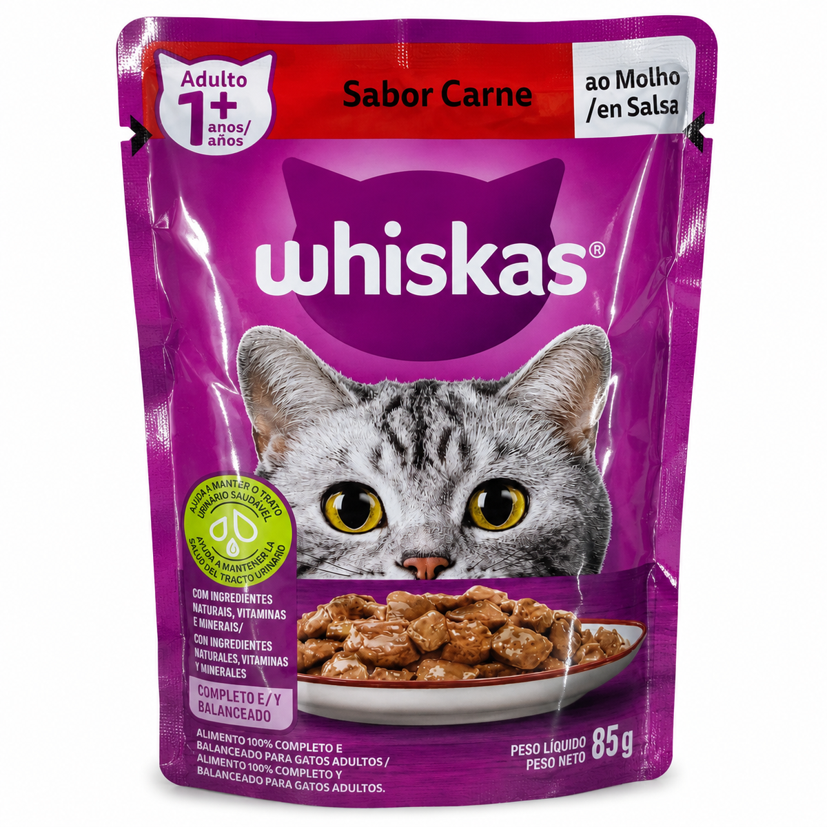 Whiskas Sachê — Gatos Adultos Sabor Carne ao Molho 85g