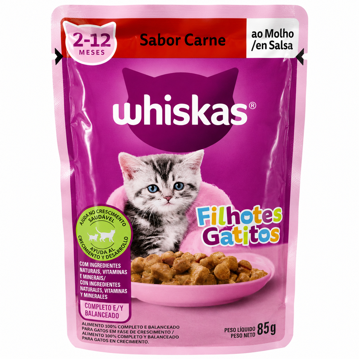 Whiskas Sachê — Gatos Filhotes 2-12 Meses Sabor Carne ao Molho 85g