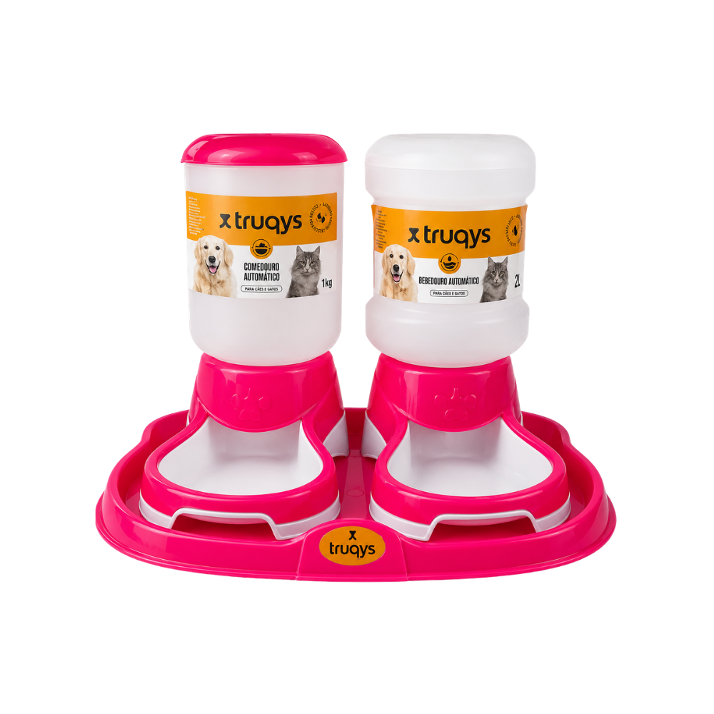 Kit Truqys Pets Automático Comedouro 1kg + Bebedouro 2L — Rosa